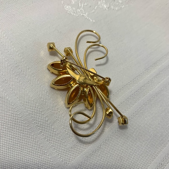 Vintage Amber Rhinestone Brooch Pin Gold Tone Large Marquise Small Square - Picture 4 of 12